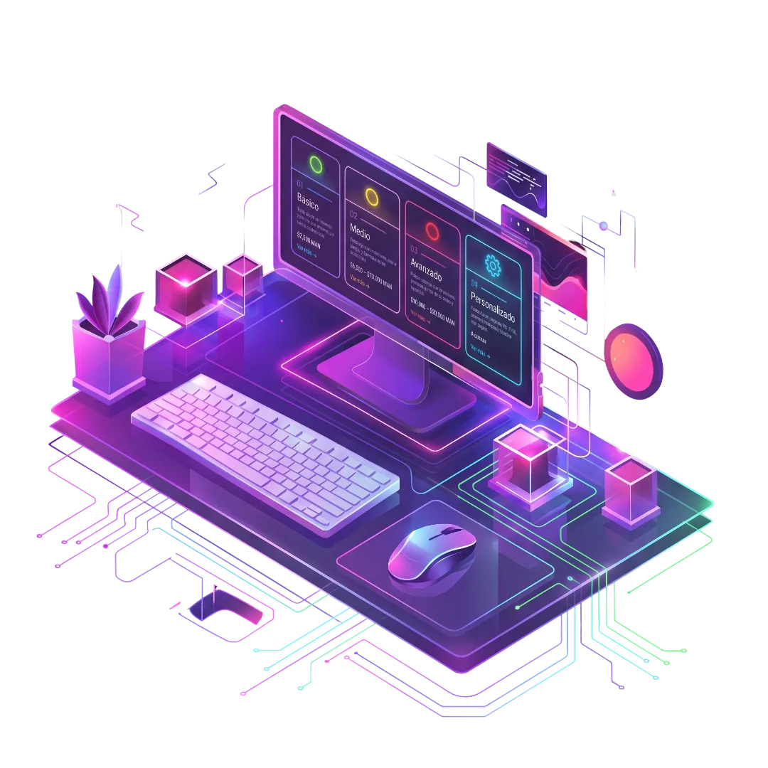 Ilustración de un escritorio con monitor mostrando los paquetes de sitios web